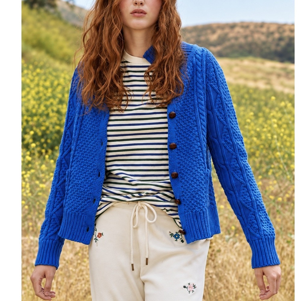 The Great. Blue Yonder Cable Knit Cardigan Sz 2 Cottagecore Scandi Neutral Boho